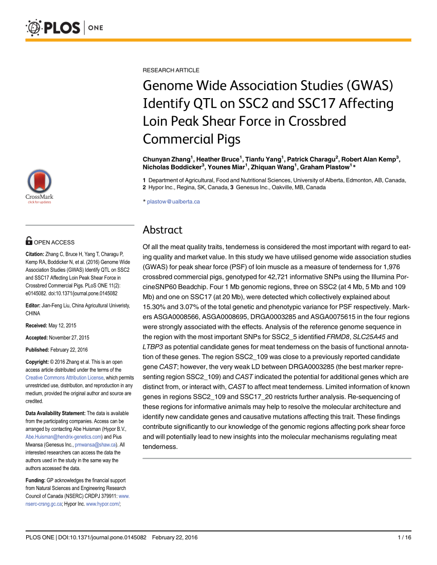 PDF) Genome wide association studies (GWAS) identify QTL on SSC2 and SSC17 affecting loin peak shear force in crossbred commercial pigs