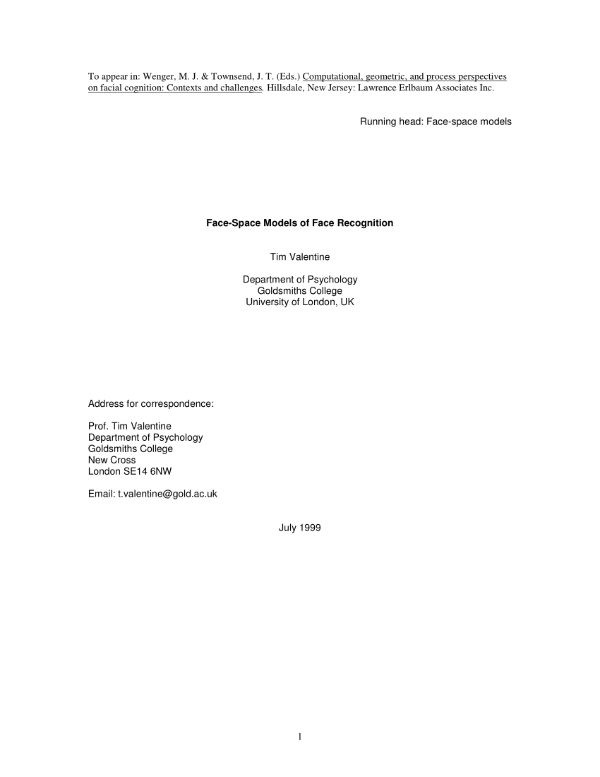 Pdf Face Space Models Of Face Recognition