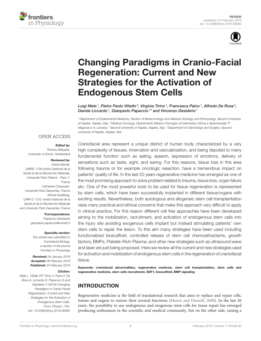 PDF) Changing Paradigms in Cranio-Facial Regeneration: Current and ...