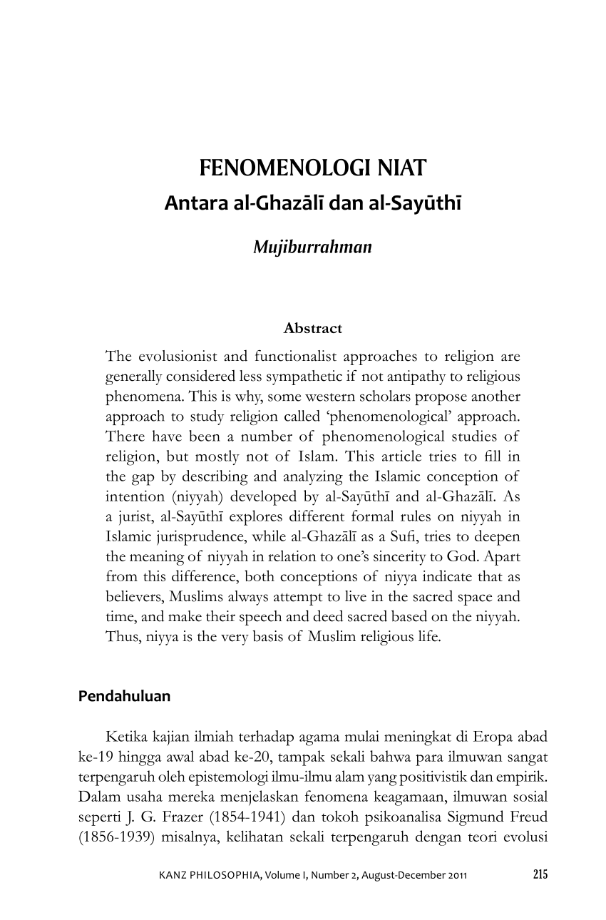 Pdf Fenomenologi Niat Antara Al Ghazali Dan Al Sayuthi