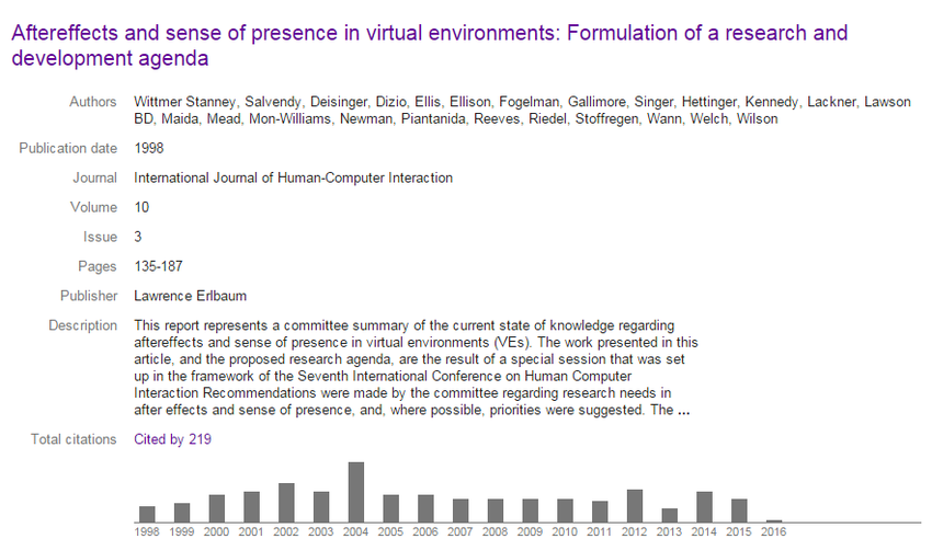 Pdf Aftereffects Of Presence In Virtual Environments Formulation Of A Research And Development Agenda Citation Information