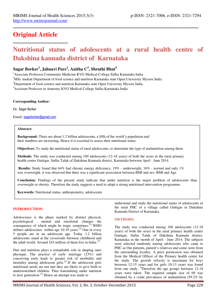 PDF NUTRITIONAL STATUS OF ADOLESCENTS AT A RURAL HEALTH CENTRE OF