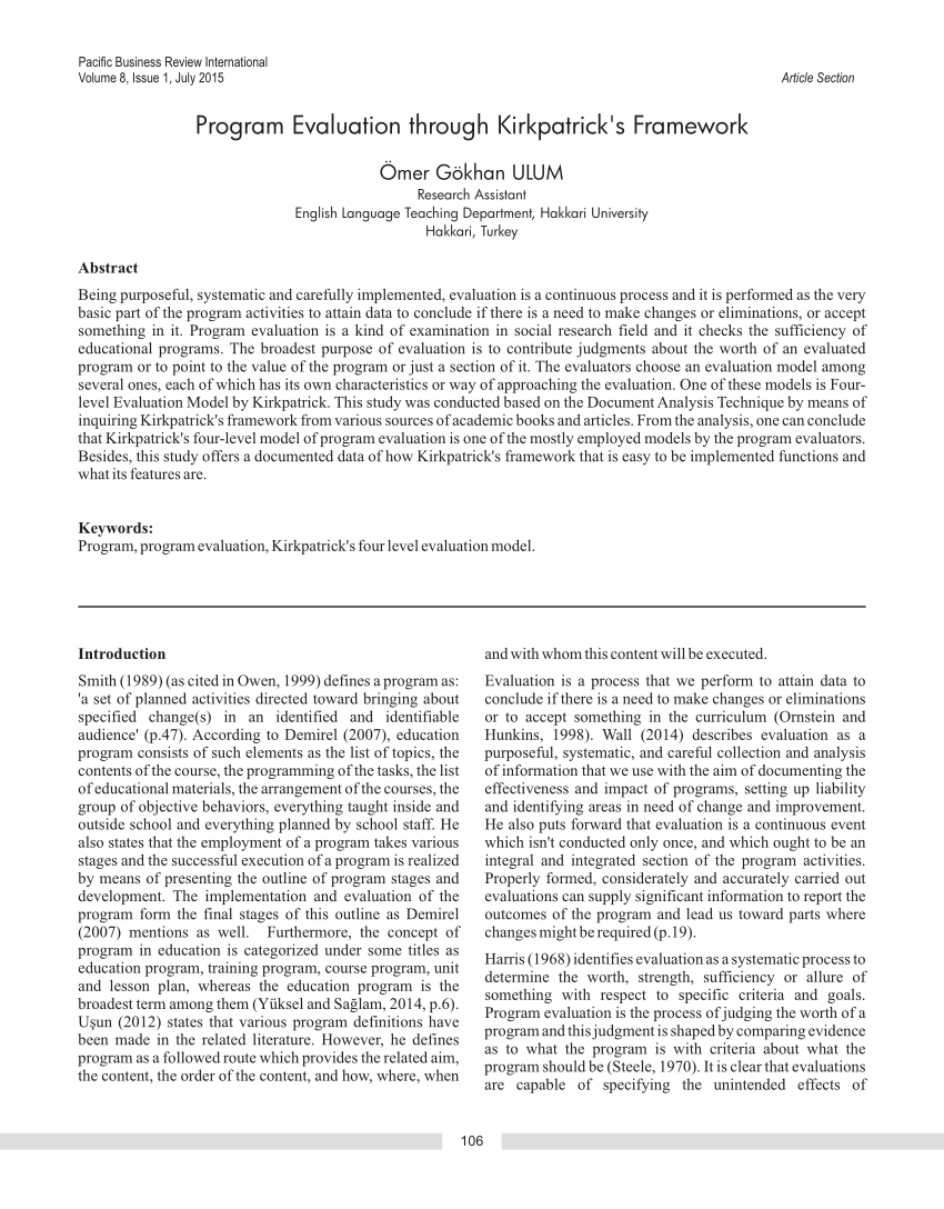 Pdf Program Evaluation Through Kirkpatrick S Framework