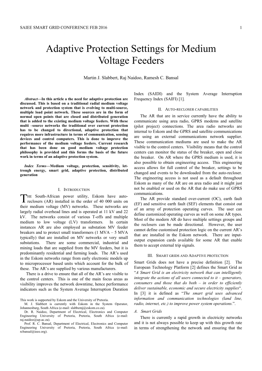 Pdf Adaptive Protection Settings For Medium Voltage Feeders