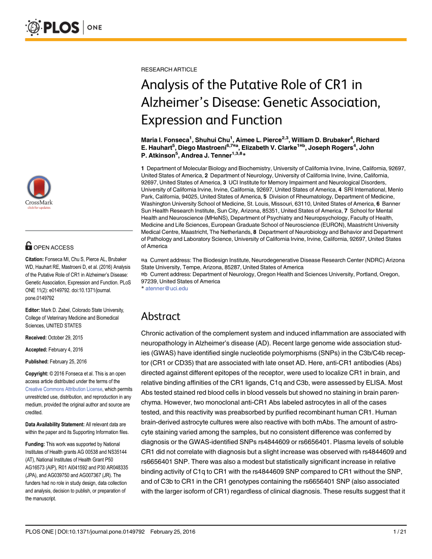 PDF) Analysis of the Putative Role of CR1 in Alzheimer's Disease 