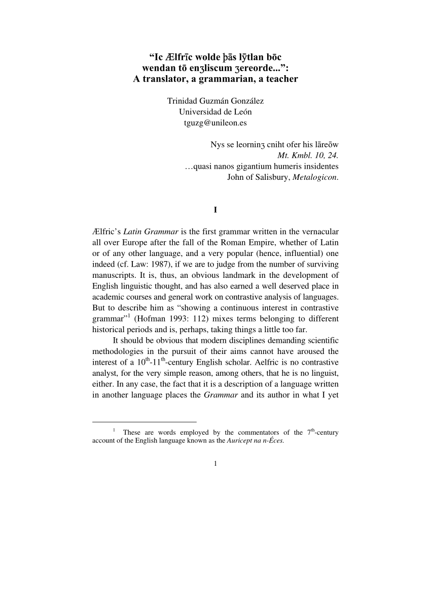 Pdf Ic Aelfric Wolde Thas Lytlan Bōc Wendan Tō Engliscum Gereorde A Translator A Grammarian A Teacher