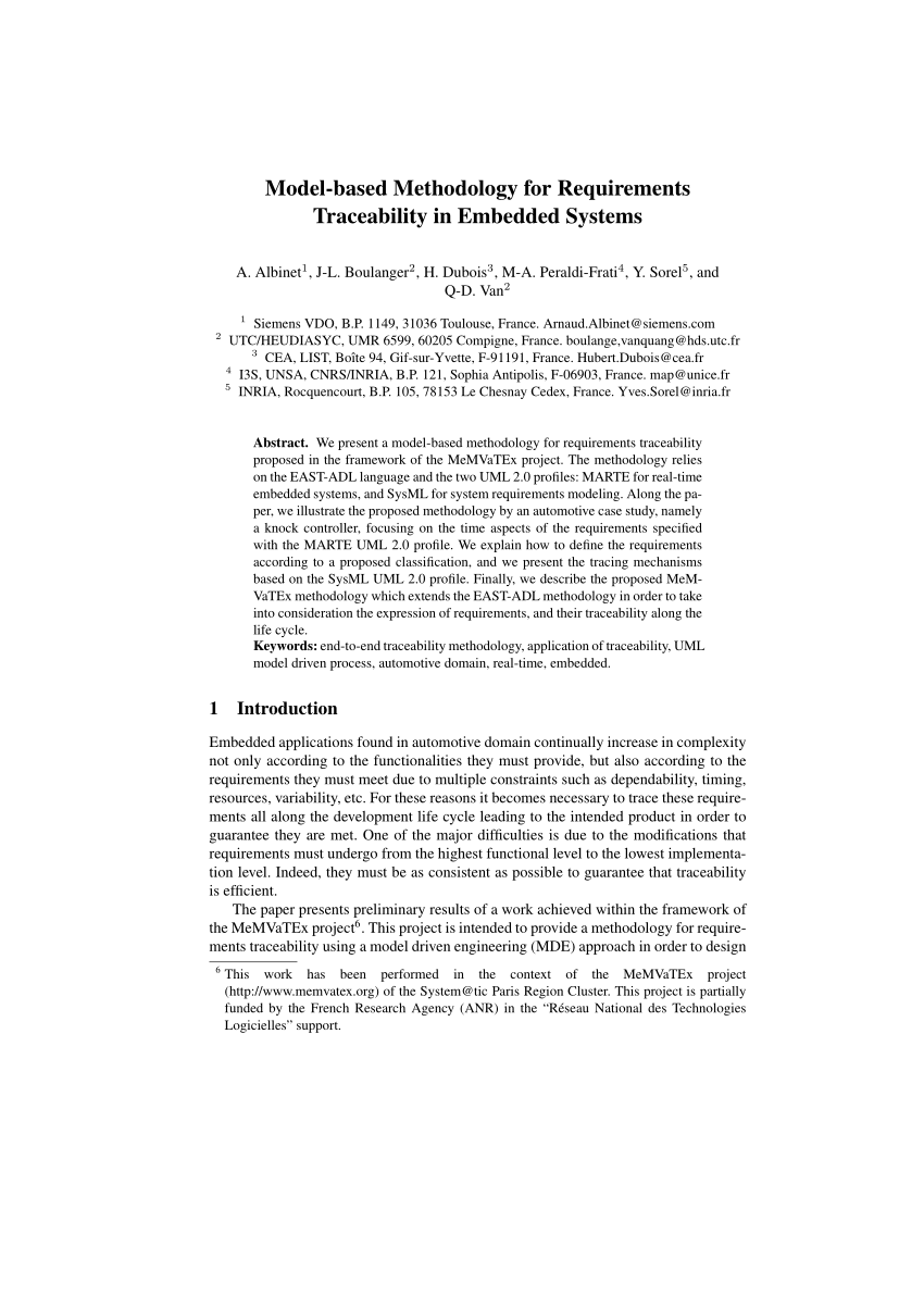 Pdf Model Based Methodology For Requirements Traceability In Embedded Systems