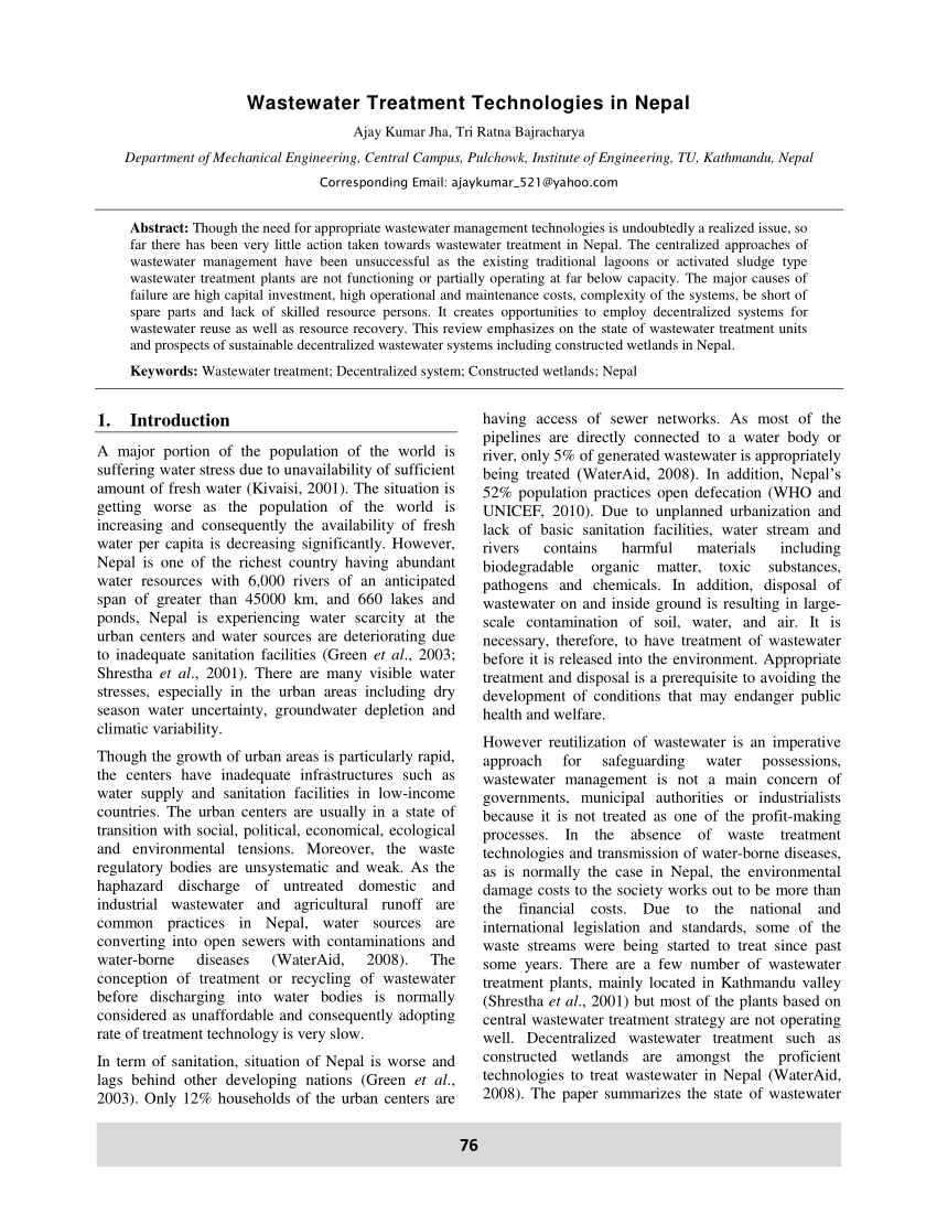 (PDF) Wastewater Treatment Technologies in Nepal