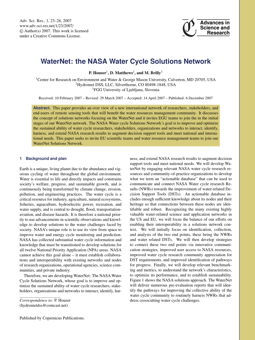 PDF) WaterNet: the NASA Water Cycle Solutions Network