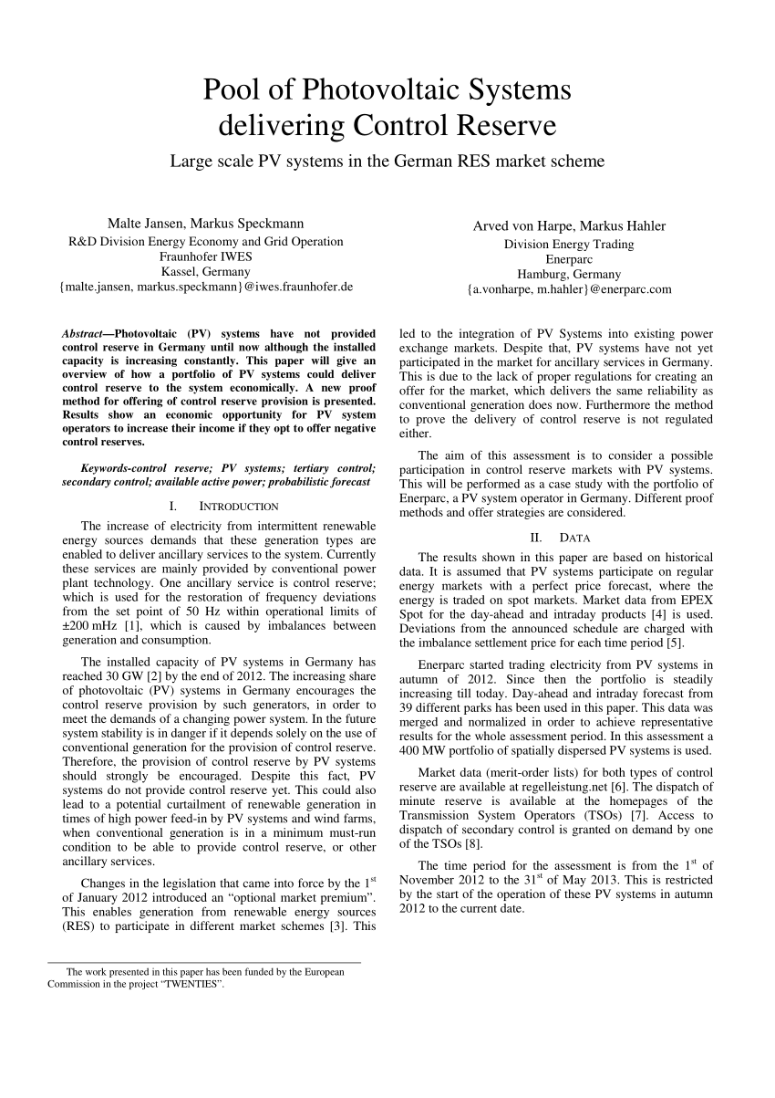 Pdf Pool Of Photovoltaic Systems Delivering Control Reserve Large Scale Pv Systems In The German Res Market Scheme