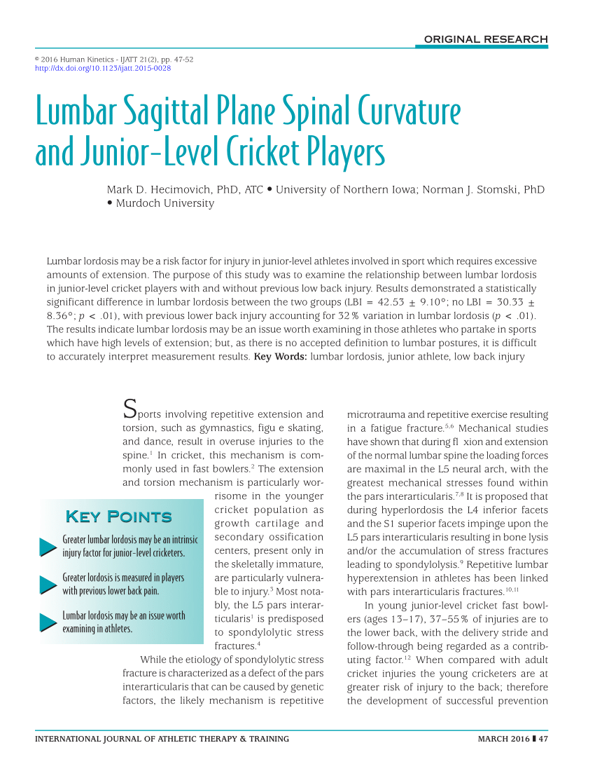 PDF) Lumbar Sagittal Plane Spinal Curvature and Junior-Level Cricket Players