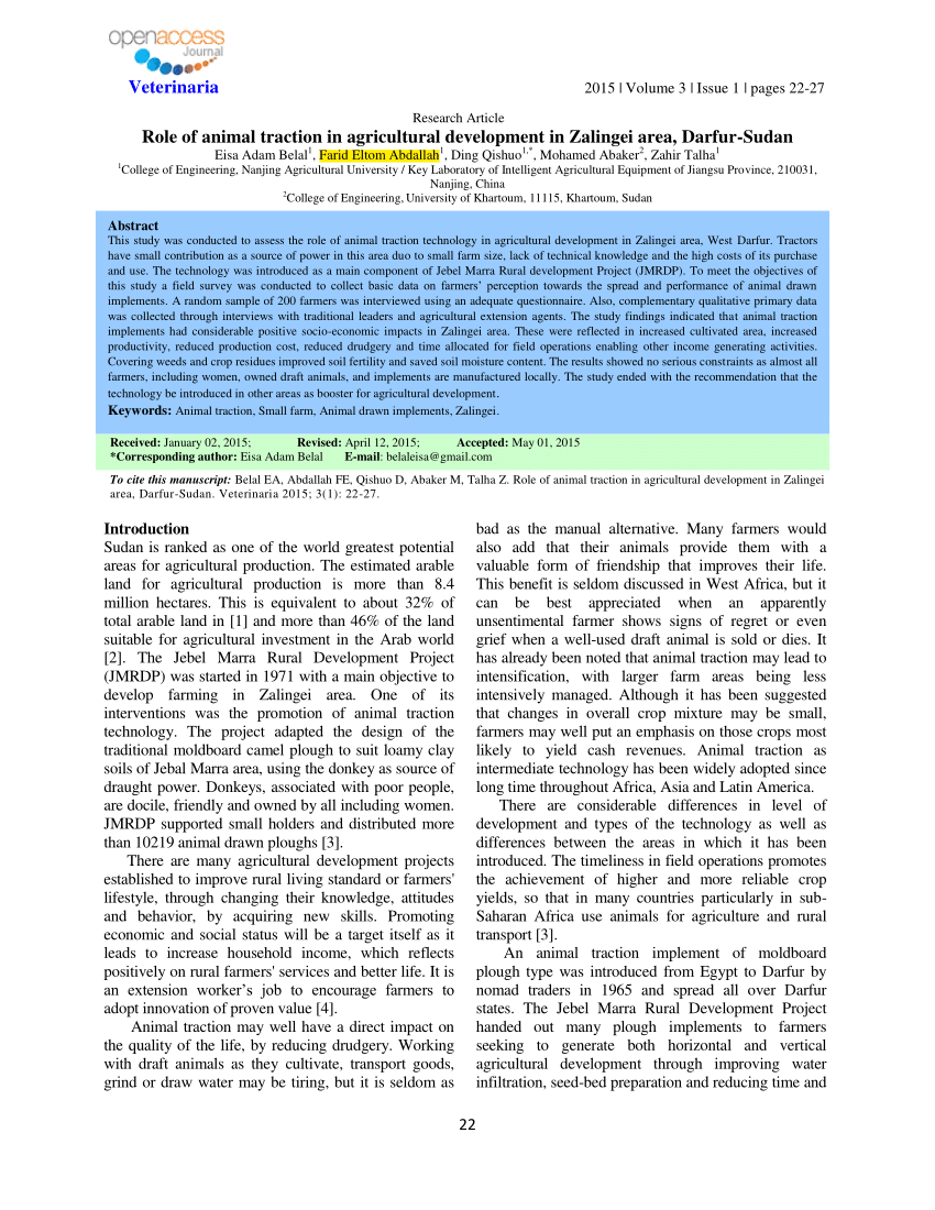 PDF) Role of animal traction in agricultural development in Zalingei area,  Darfur-Sudan