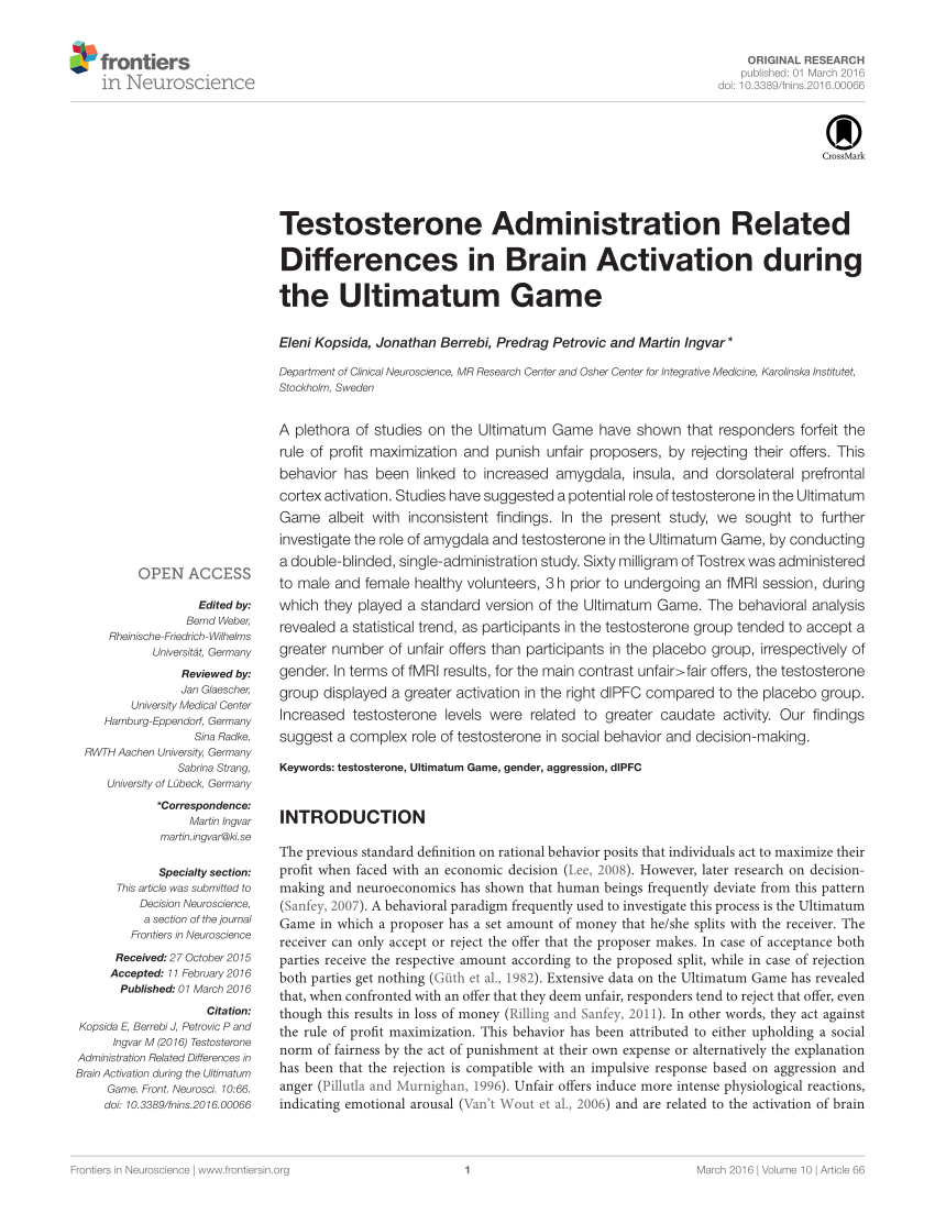 Historiker fysiker Manga PDF) Testosterone Administration Related Differences in Brain Activation  during the Ultimatum Game