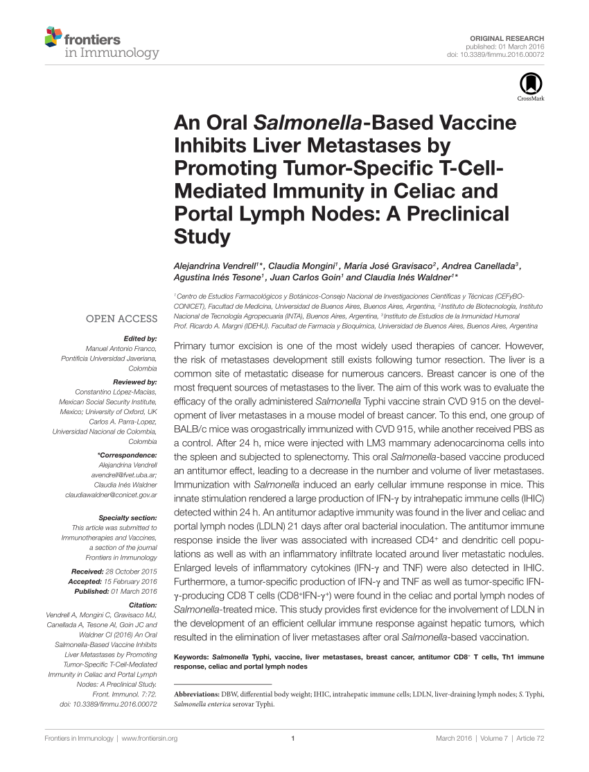 PDF) An Oral Salmonella-Based Vaccine Inhibits Liver Metastases by ...