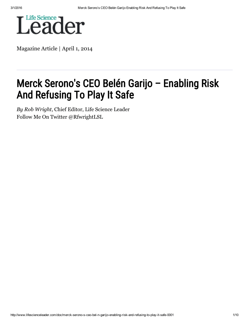 Pdf Merck Serono S Ceo Belen Garijo Enabling Risk And Refusing