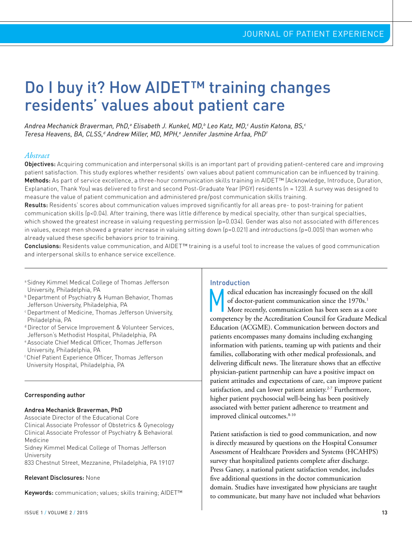 (PDF) Do I Buy It? How AIDET Training Changes Residents' Values about