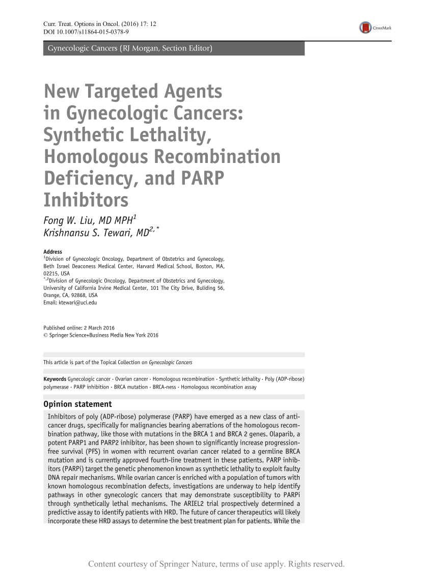 New Targeted Agents In Gynecologic Cancers Synthetic Lethality Homologous Recombination