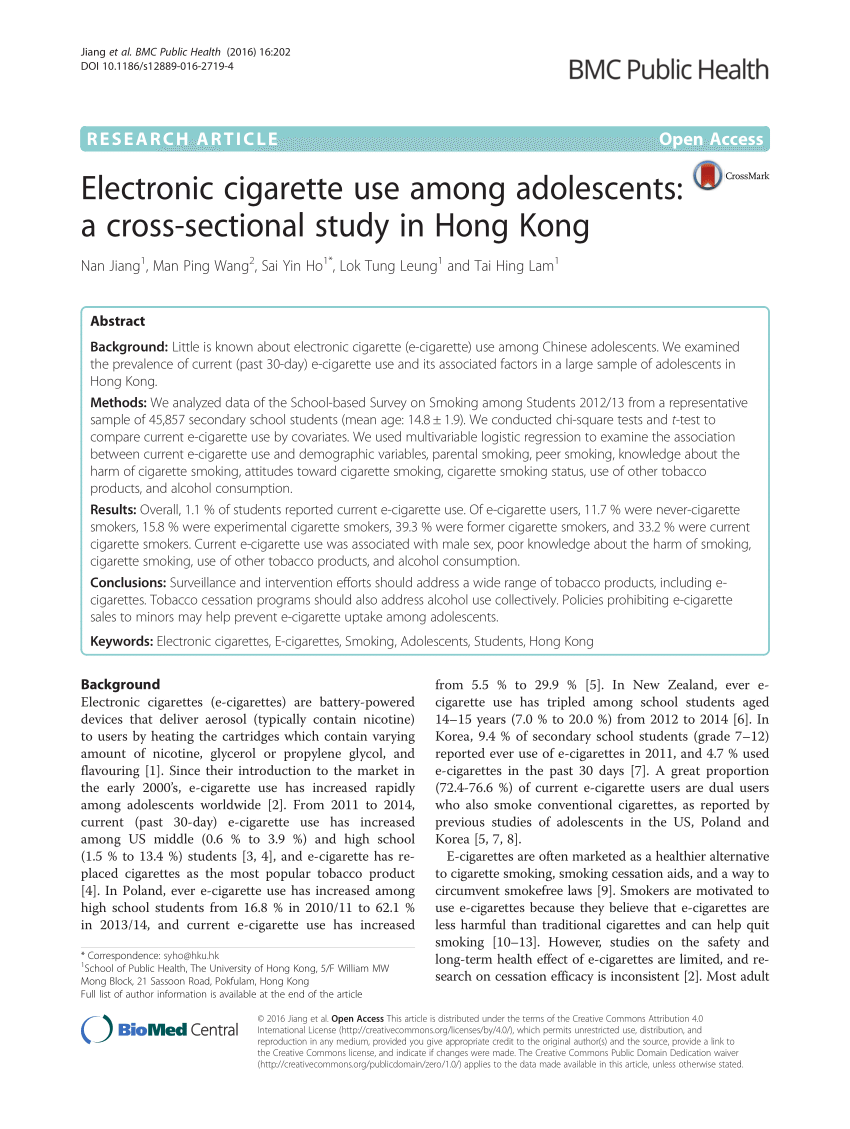 PDF Electronic cigarette use among adolescents A cross sectional