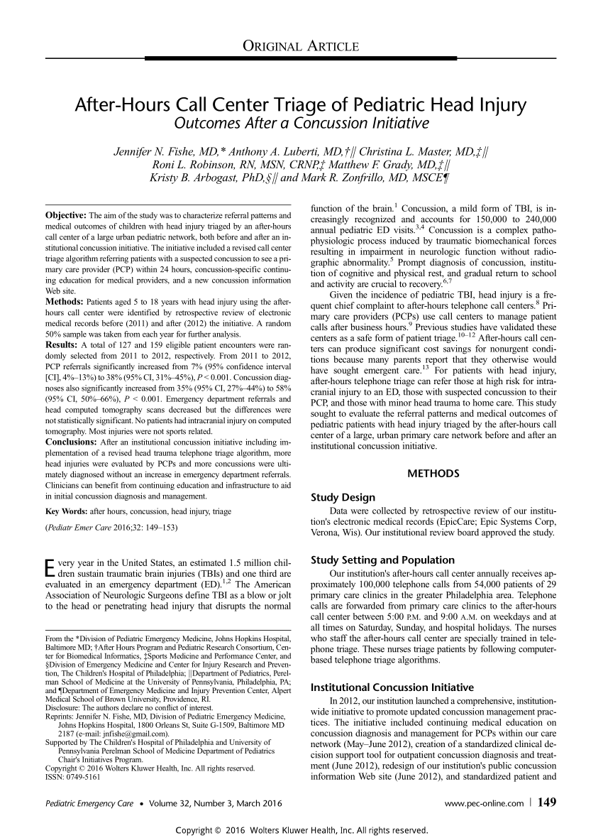 (PDF) AfterHours Call Center Triage of Pediatric Head Injury