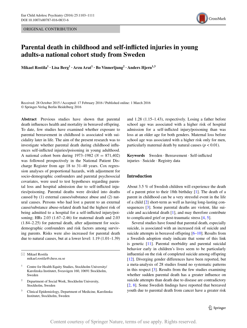 Parental Death In Childhood And Self Inflicted Injuries In Young Adults A National Cohort Study From Sweden Request Pdf