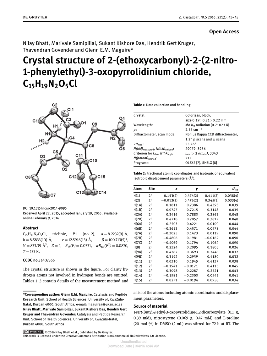 Pdf Crystal Structure Of 2 Ethoxycarbonyl 2 2 Nitro 1 Phenylethyl 3 Oxopyrrolidinium Chloride C15h19n2o5cl