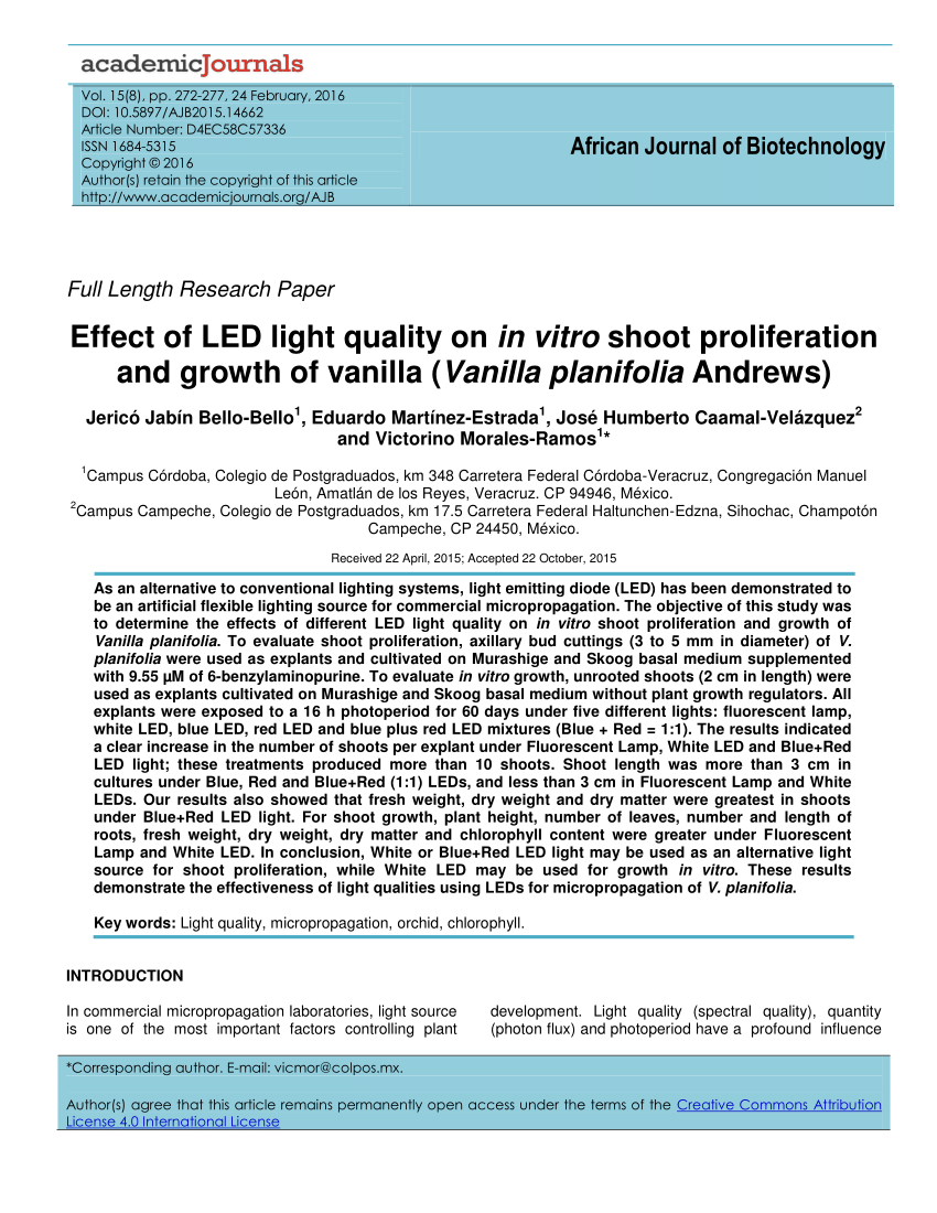 PDF) Effect of LED light quality on in vitro shoot proliferation and growth  of vanilla (Vanilla planifolia Andrews)