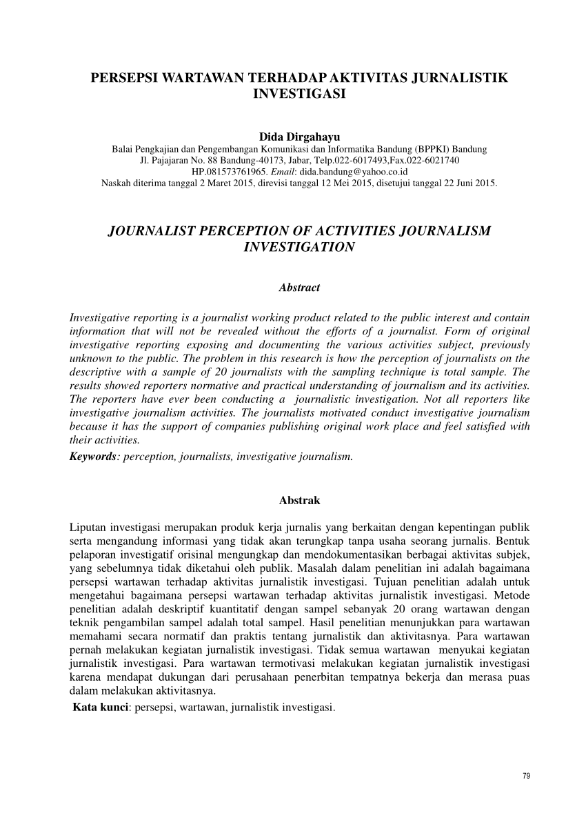 Pdf Persepsi Wartawan Terhadap Aktivitas Jurnalistik Investigasi