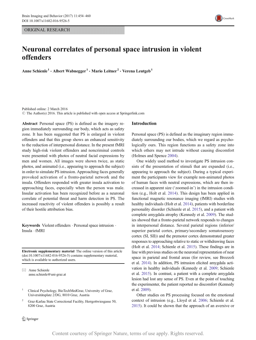 (PDF) Neuronal correlates of personal space intrusion in violent offenders