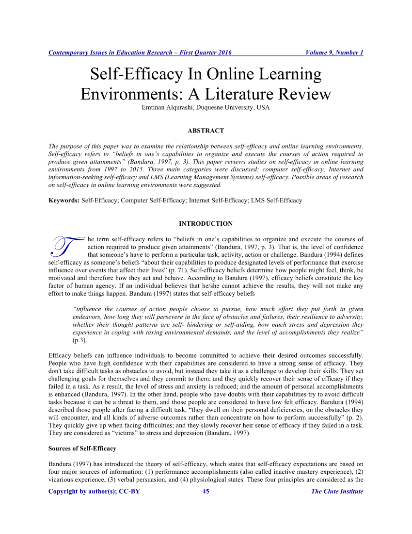 Pdf Self Efficacy In Online Learning Environments A Literature
