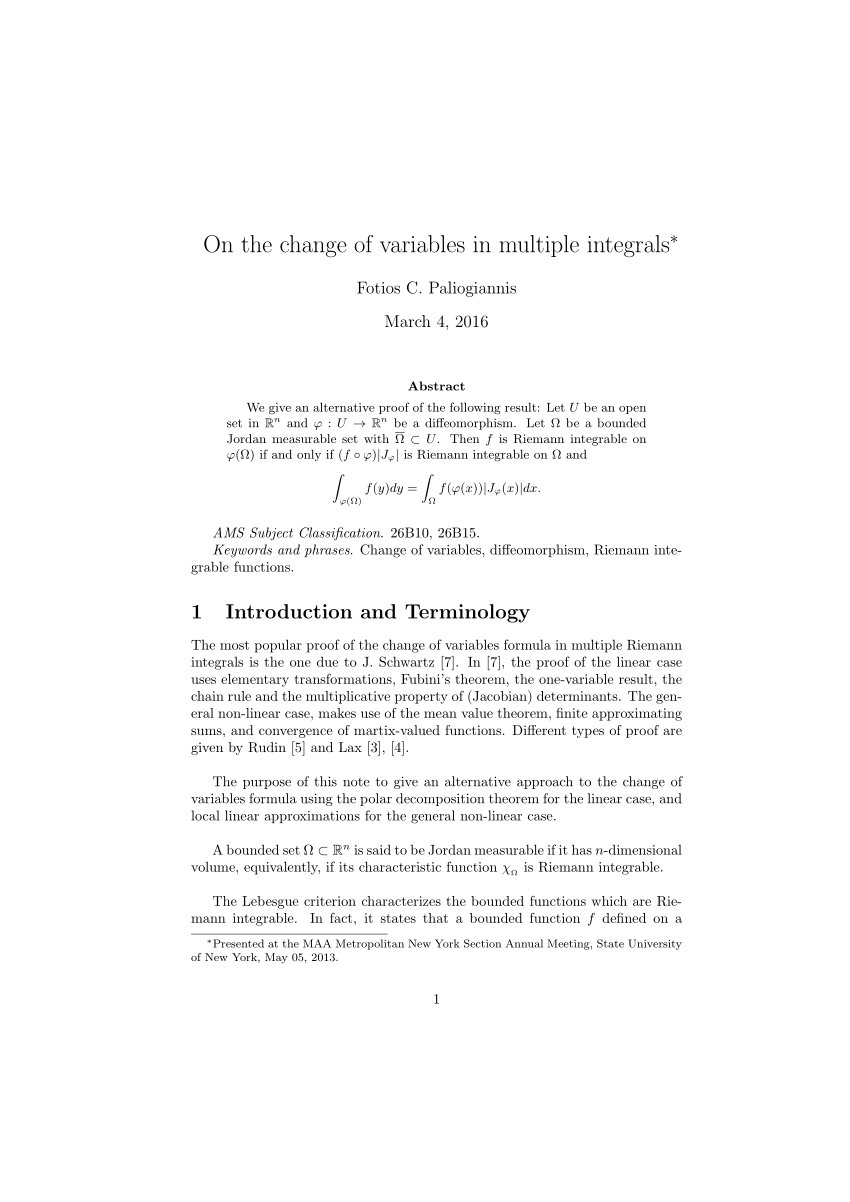 Pdf On The Change Of Variable Formula For Multiple Integrals
