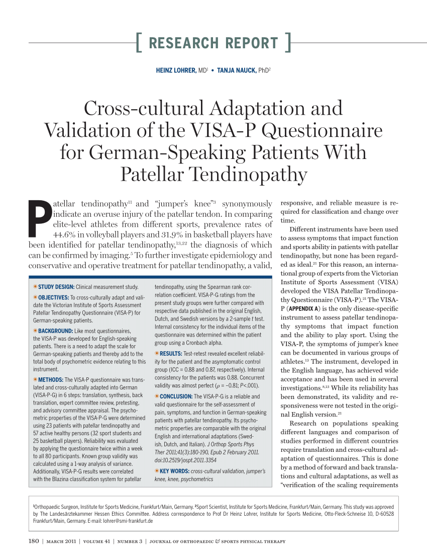 Pdf Cross Cultural Adaptation And Validation Of The Visa P Questionnaire For German Speaking 9761
