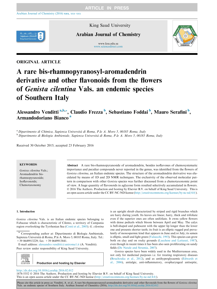 PDF) A rare bis-rhamnopyranosyl-aromadendrin derivative and other  flavonoids from the flowers of Genista cilentina Vals. an endemic species  of Southern Italy