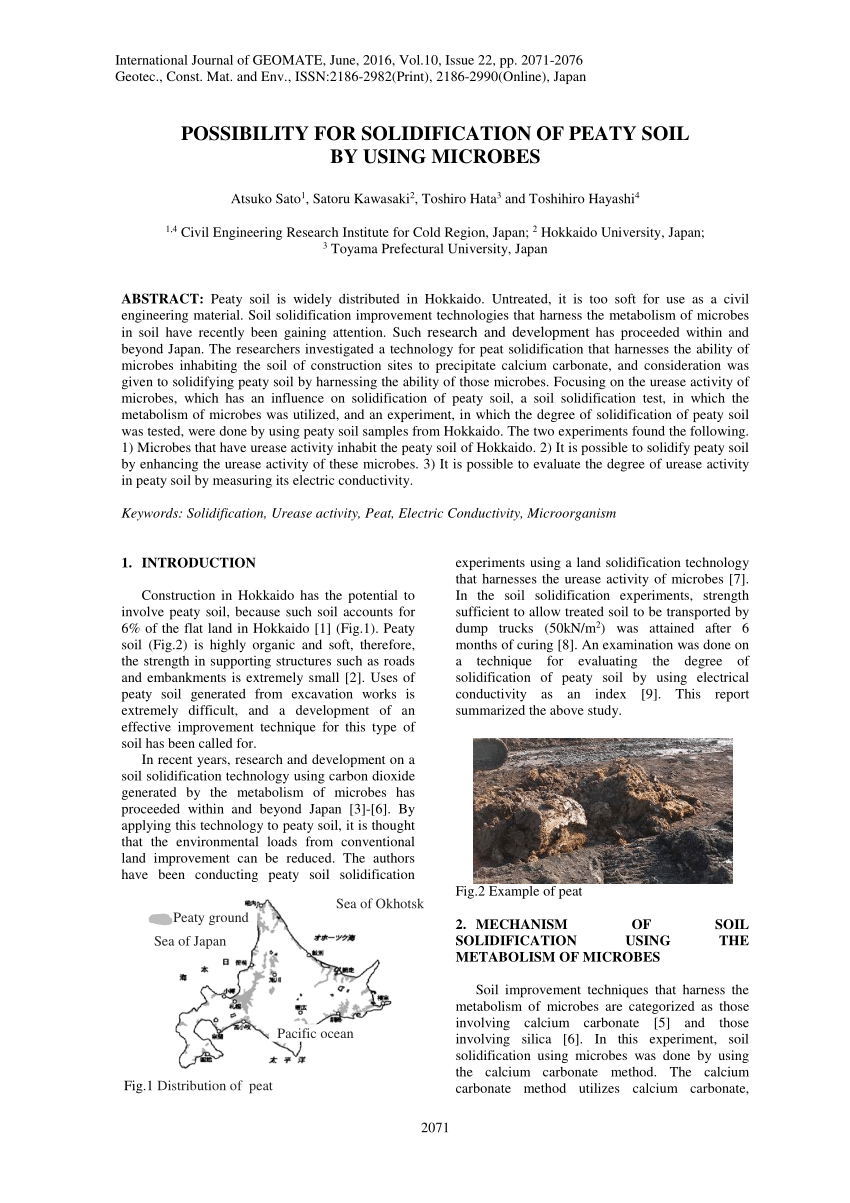 Pdf Possibility For Solidification Of Peaty Soil By Using Microbes