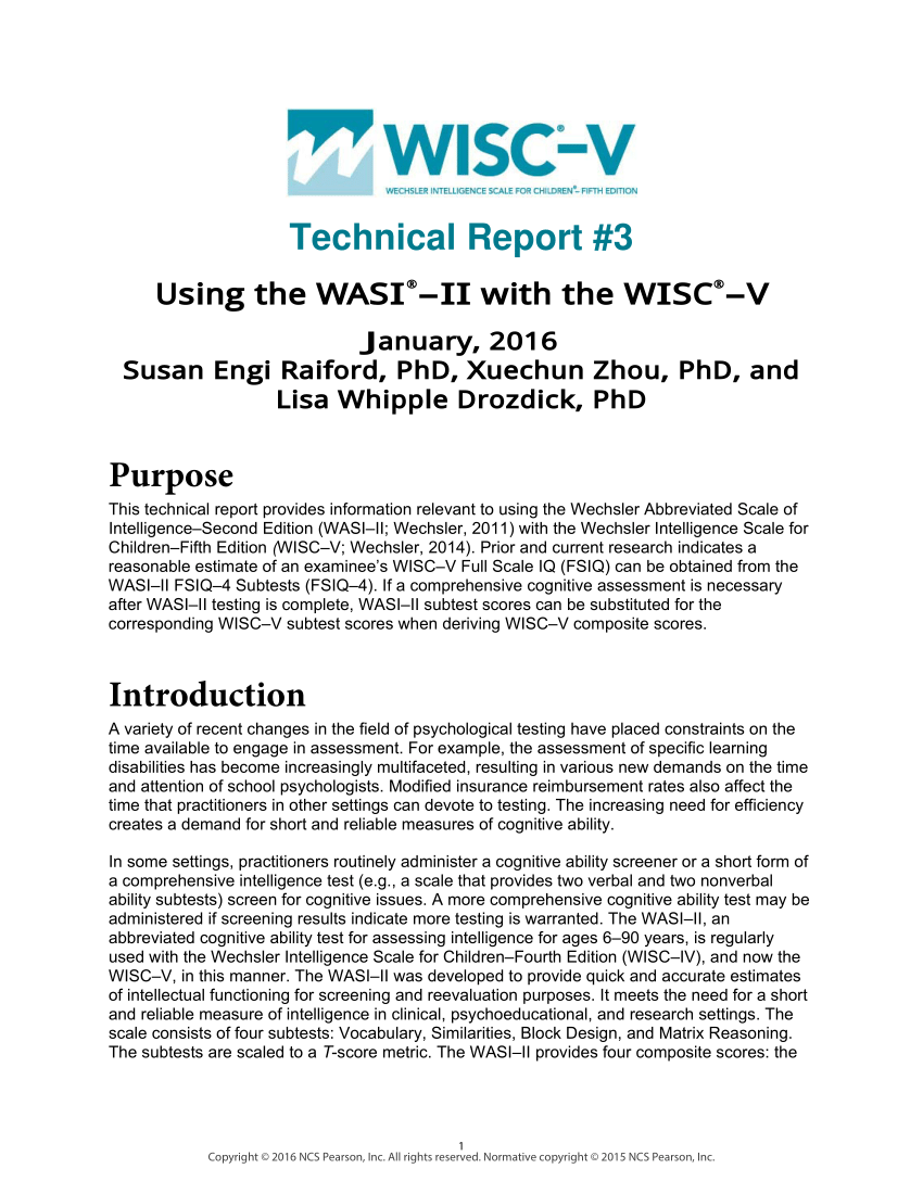 PDF) Using the WASI-II with the WISC-V Intended For Wppsi Iv Report Template