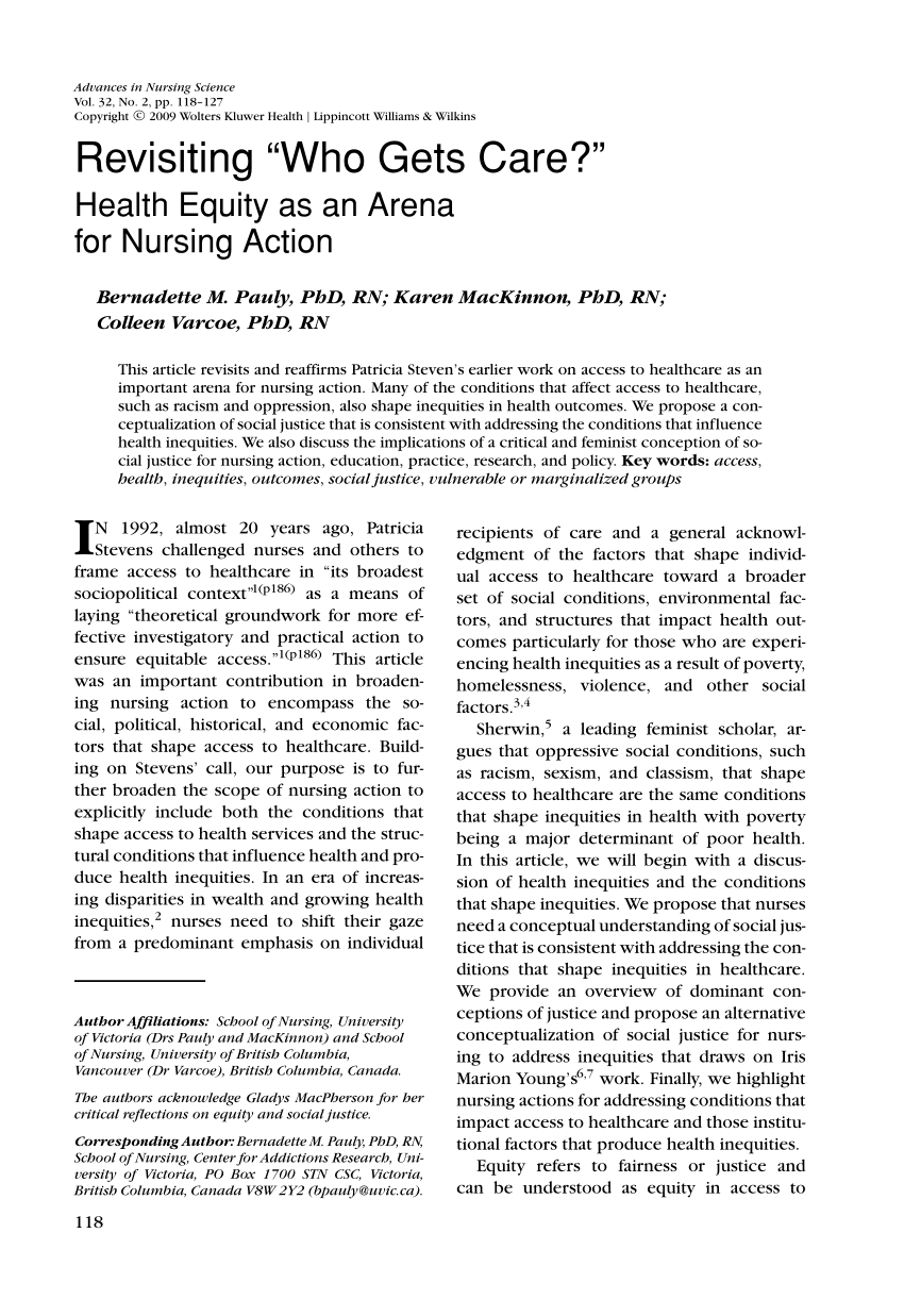 (PDF) Revisiting "Who Gets Care?" Health Equity as an Arena for Nursing Action