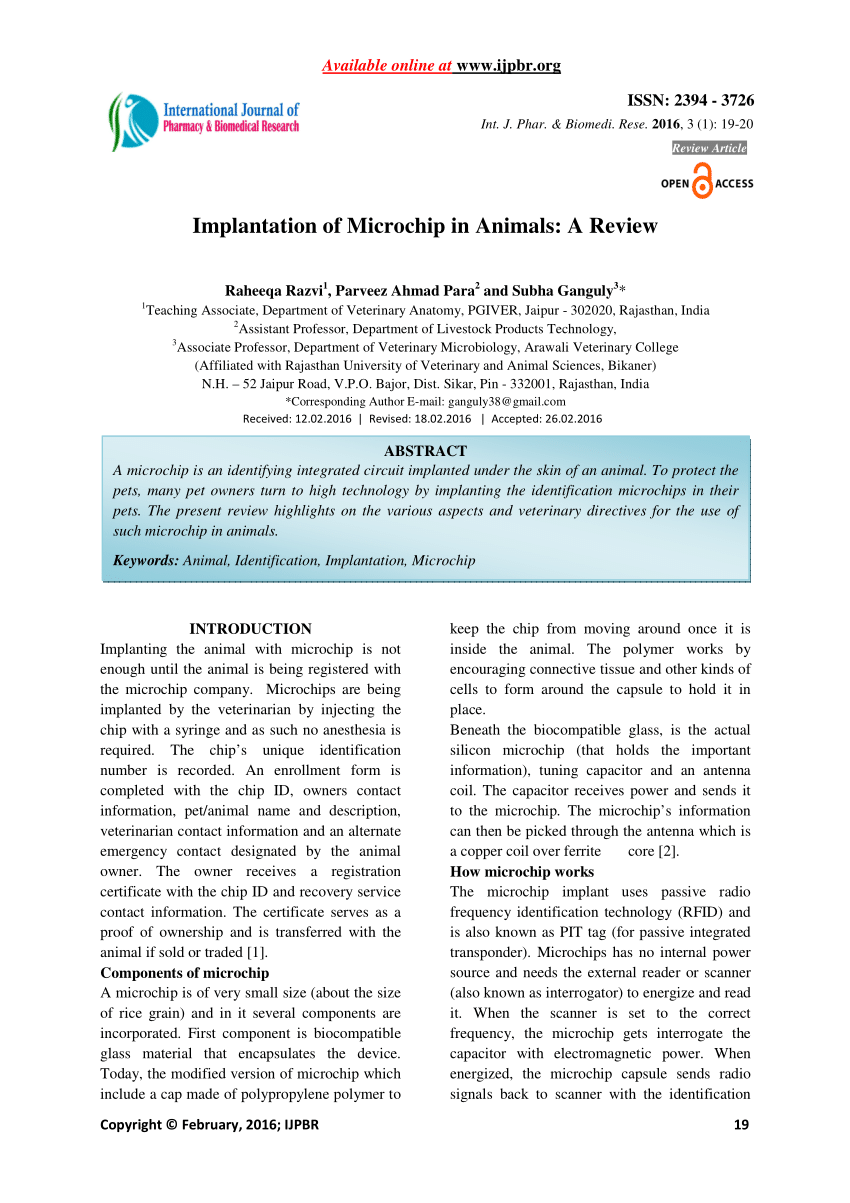 Pdf Implantation Of Microchip In Animals A Review