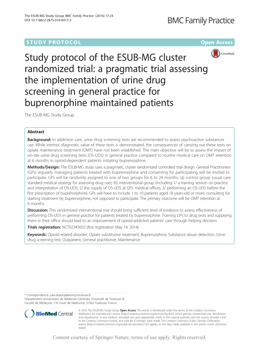 Pdf Study Protocol Of The Esub Mg Cluster Randomized Trial A Pragmatic Trial Assessing The Implementation Of Urine Drug Screening In General Practice For Buprenorphine Maintained Patients