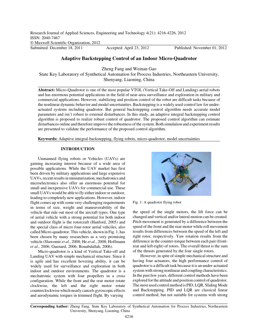 Pdf Adaptive Backstepping Control Of An Indoor Micro Quadrotor