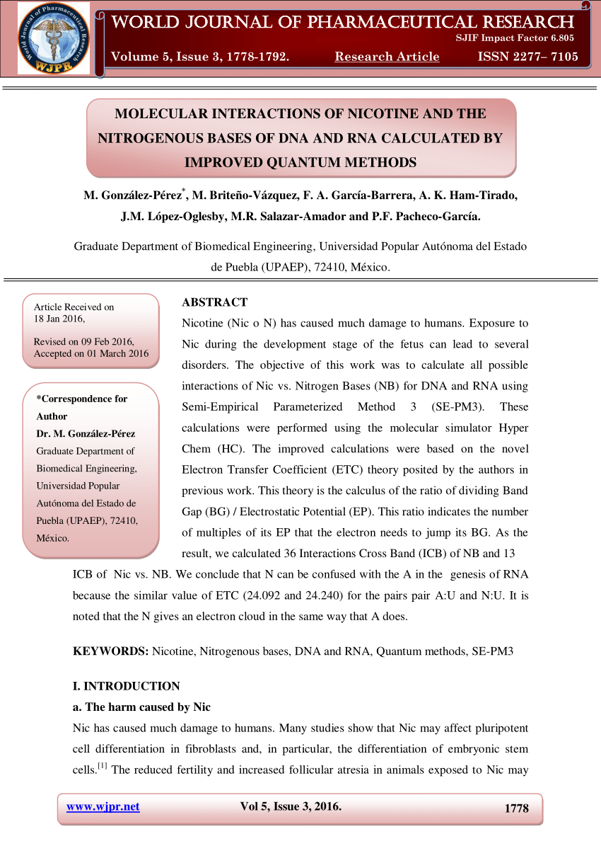 Pdf Molecular Interactions Of Nicotine And The Nitrogenous Bases Of Dna And Rna Calculated By Improved Quantum Methods