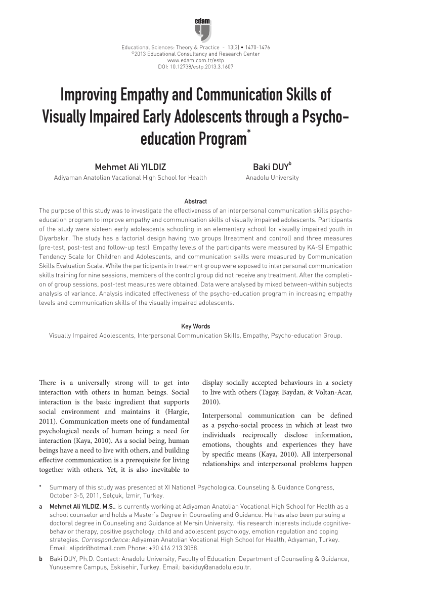 pdf improving empathy and communication skills of visually impaired early adolescents through a psycho education program