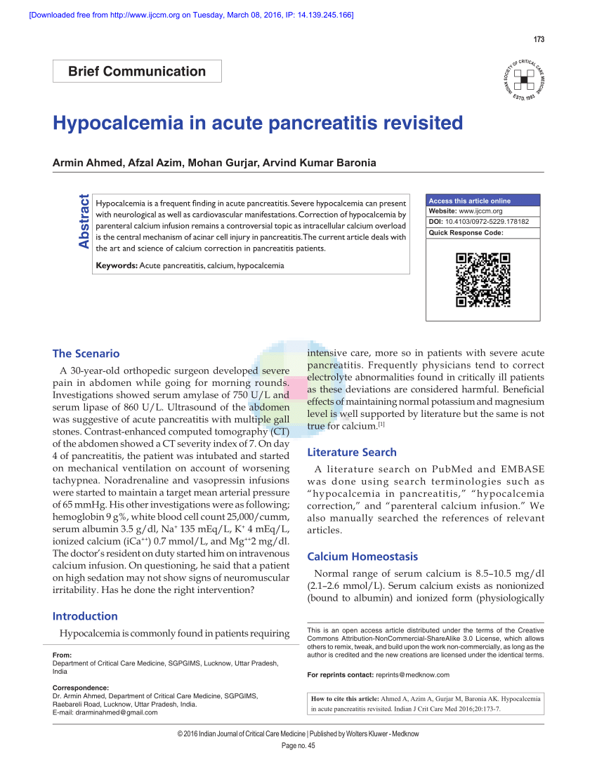 Pdf Hypocalcemia In Acute Pancreatitis Revisited