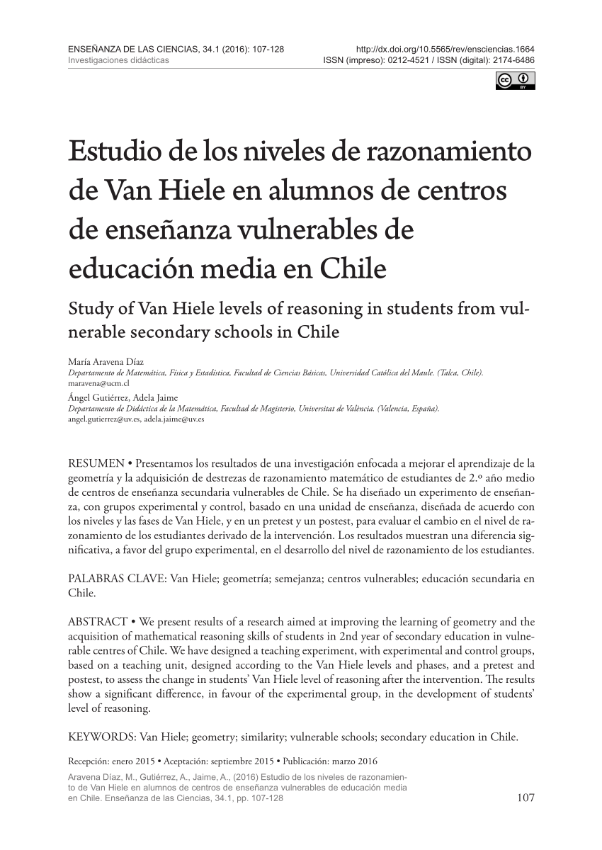 PDF) Estudio de los niveles de razonamiento de Van Hiele en alumnos de  centros de enseñanza vulnerables de educación media en Chile