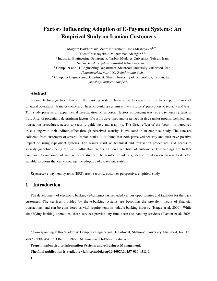 Pdf Factors Influencing Adoption Of E Payment Systems An Empirical - pdf factors influencing adoption of e payment systems an empirical study on iranian customers