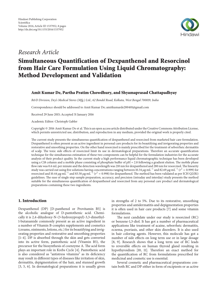 PDF) Simultaneous Quantification of Dexpanthenol and Resorcinol from Hair  Care Formulation Using Liquid Chromatography: Method Development and  Validation