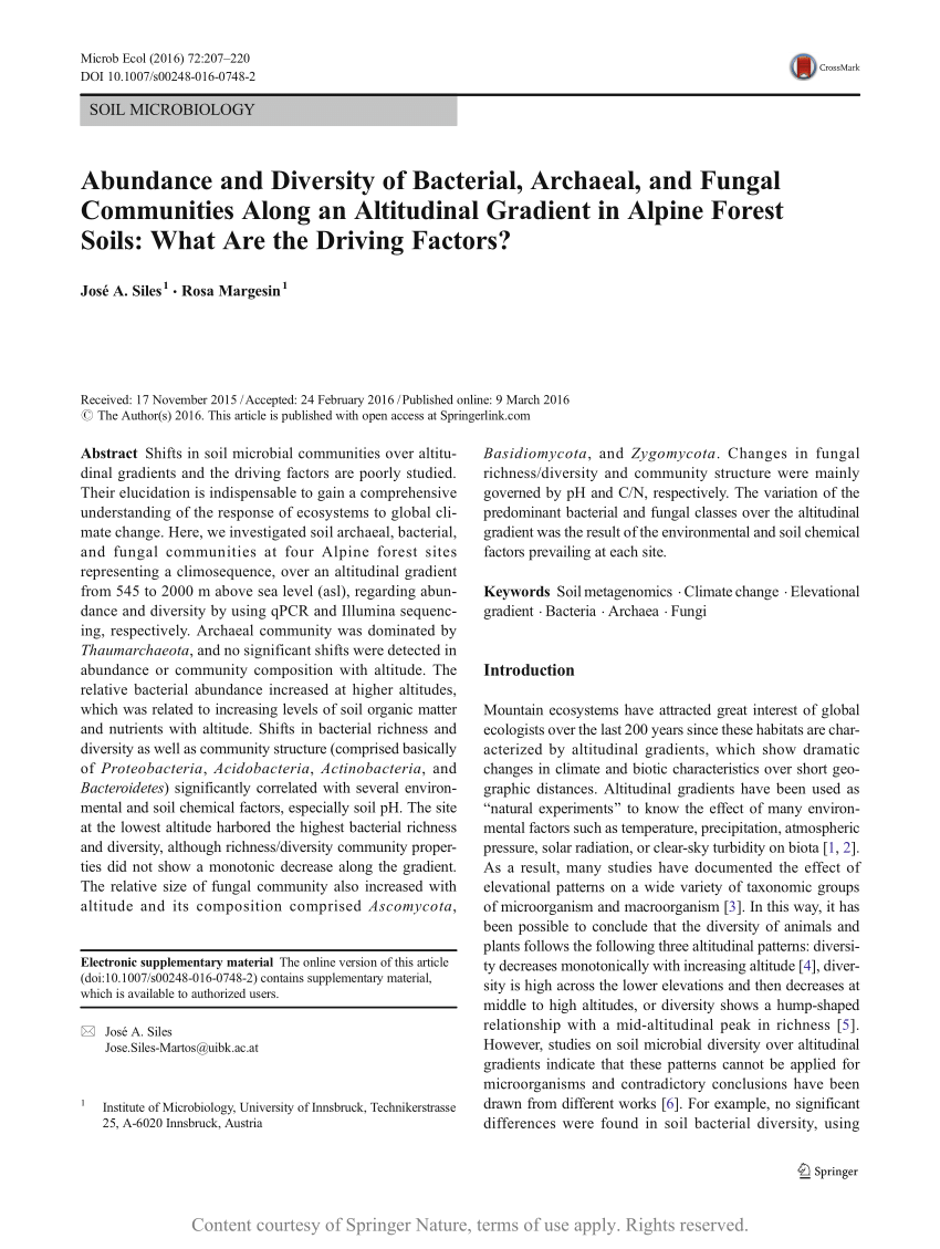 Pdf Abundance And Diversity Of Bacterial Archaeal And Fungal Communities Along An Altitudinal Gradient In Alpine Forest Soils What Are The Driving Factors