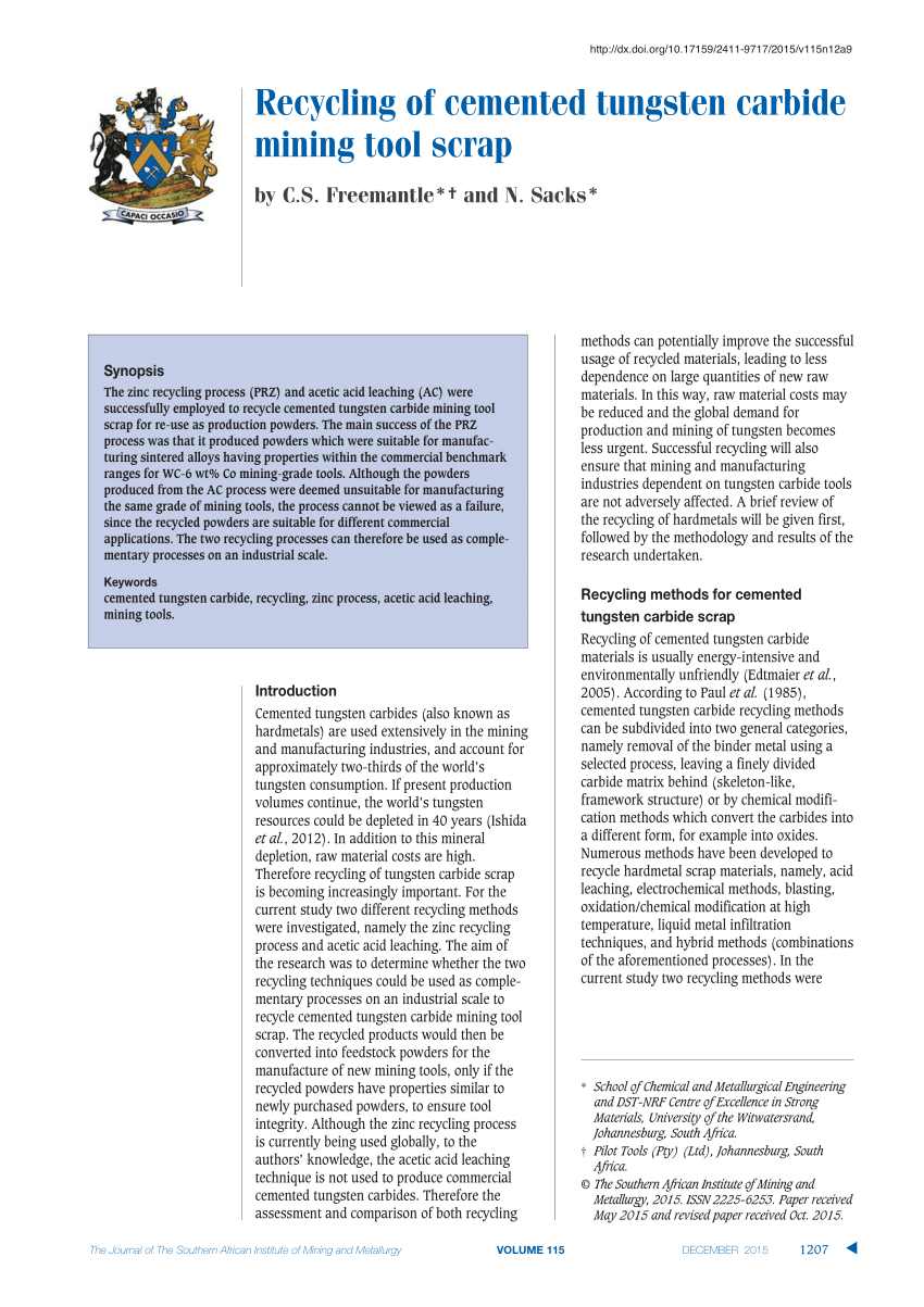 PDF) Recycling of cemented tungsten carbide mining tool scrap