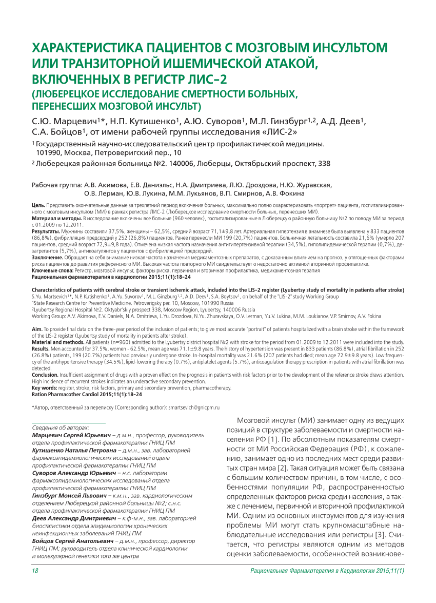 PDF) CHARACTERISTICS OF PATIENTS WITH CEREBRAL STROKE OR TRANSIENT ISCHEMIC  ATTACK, INCLUDED INTO THE LIS-2 REGISTER (LYUBERTSY STUDY OF MORTALITY IN  PATIENTS AFTER STROKE)