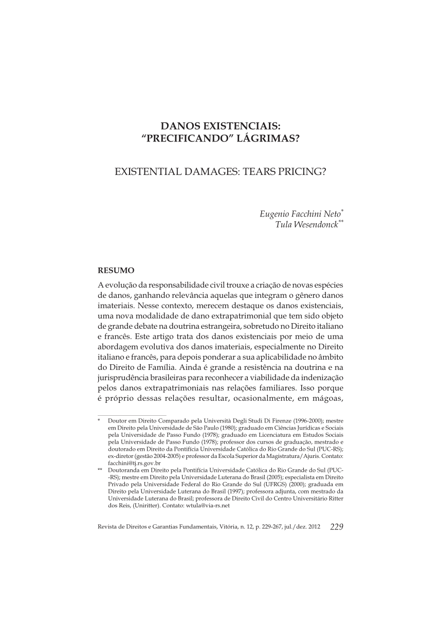 PDF) DEFINIÇÃO DOS CONTORNOS DOS DANOS EXTRAPATRIMONIAIS, A PARTIR DE UMA  ABORDAGEM COMPARADA