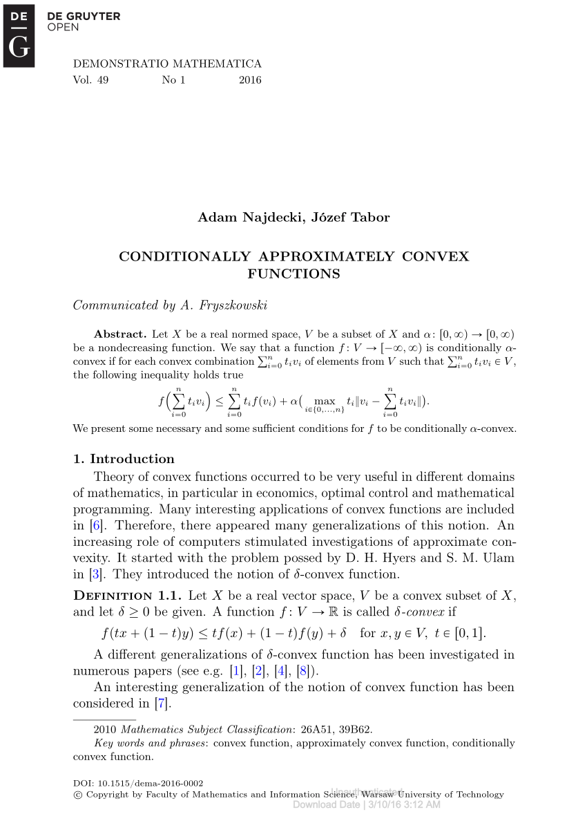 Pdf Conditionally Approximately Convex Functions