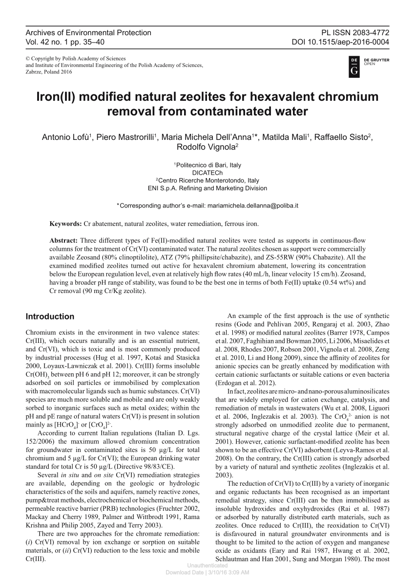 Pdf Iron Ii Modified Natural Zeolites For Hexavalent Chromium Removal From Contaminated Water